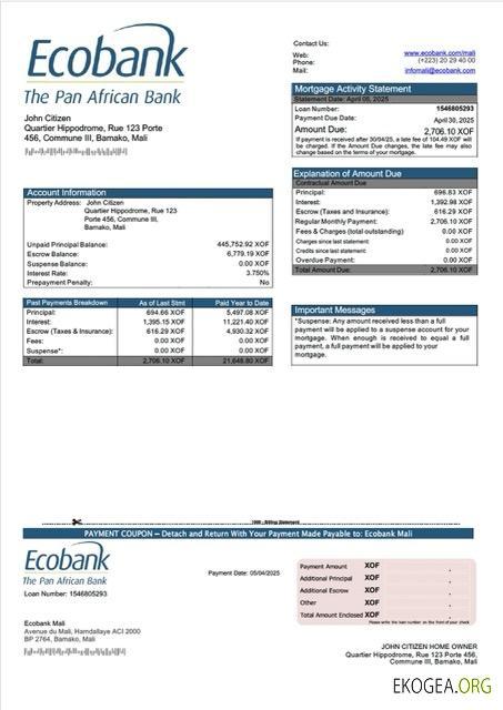 Mali Ecobank Mali Relevé hypothécaire Modèle Word et PDF